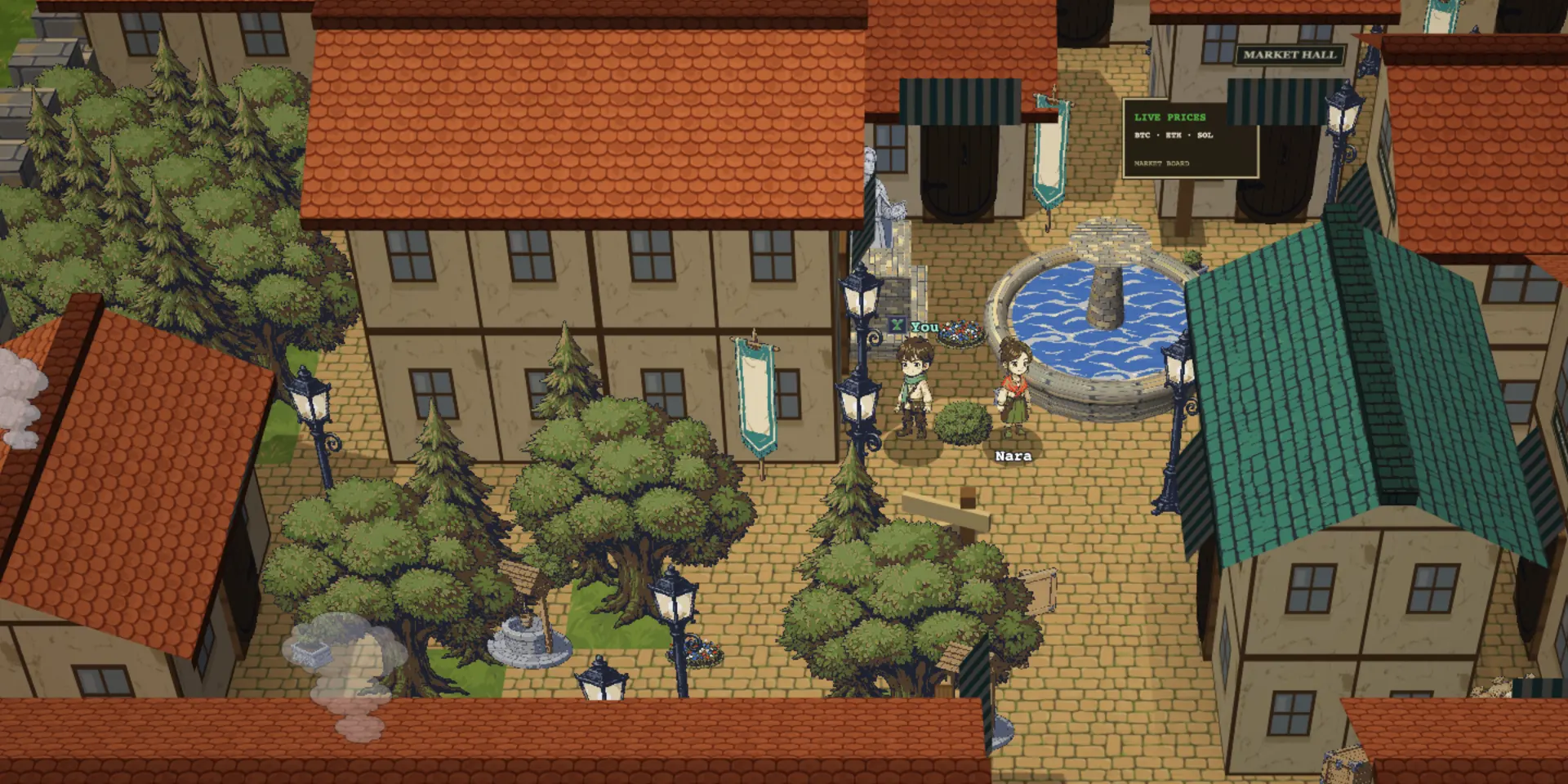 Lyfe Town's plaza at midday in the playtest build: a player named You stands with Nara the town guide beside the fountain, the live Market Board and banners behind them.