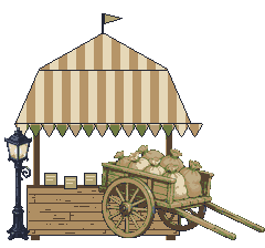 The Golden Hour: a striped merchant tent covered in gold flyers, with a cart full of sacks beside it.