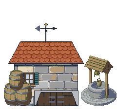 The Storm Cellar: a small stone house with a weather vane, a cellar hatch, barrels and the old well.