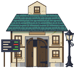 The Exchange: cream walls, a teal roof, its big wooden door open, a price board standing out front.