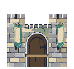 The South Gate: two stone towers with teal banners, the wooden gate still barred shut.