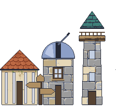 Three guild halls at a crossroads: a round hall, an observatory with a telescope, and a lookout tower.